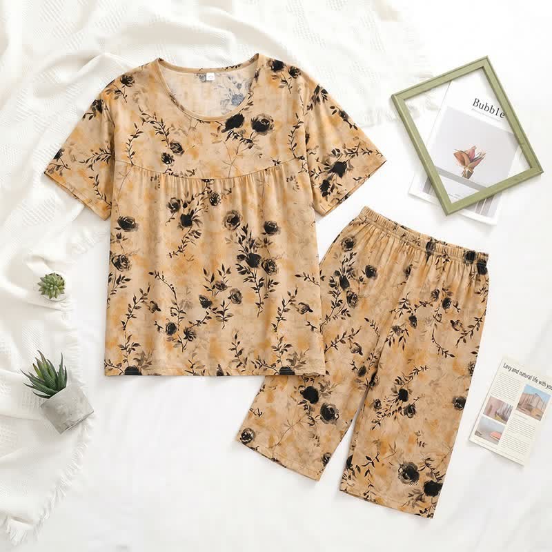 Vintage Floral Short Sleeve Women's Pajamas - Coffee - XXL - image 1