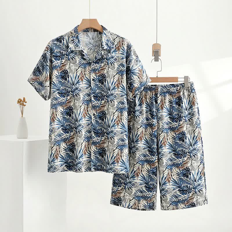 Tropical Leaf Print Loungewear Set - Navy - 5XL - image 0