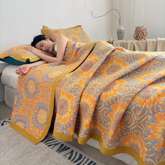 Boho Sunflower 3-Layer Muslin Cotton Quilt - 2PCS Pillowcases - 19" x 29" - image 0