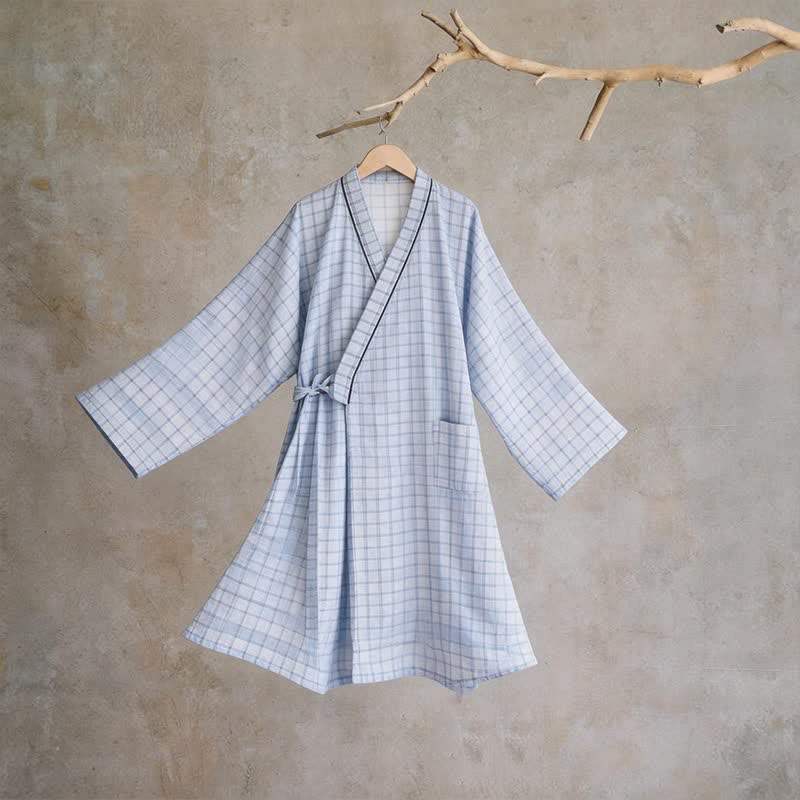 Unisex Grid Cotton Kimono Robe - Blue - L - image 0