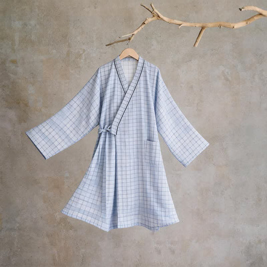 Unisex Grid Cotton Kimono Robe - Blue - L - image 0