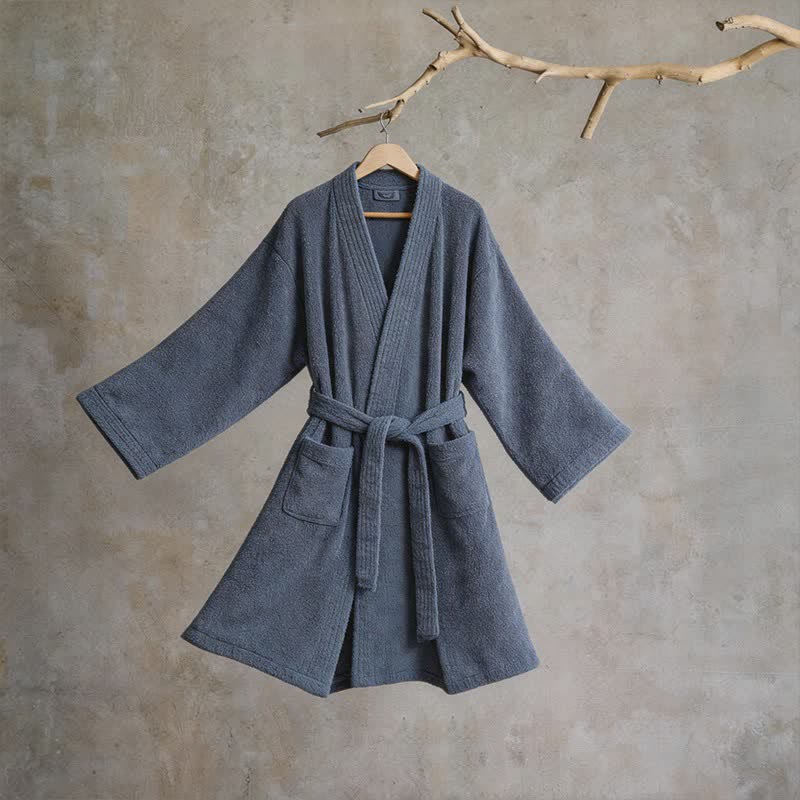 Unisex Solid Cotton Kimono Bathrobe - Navy Blue - XL - image 16