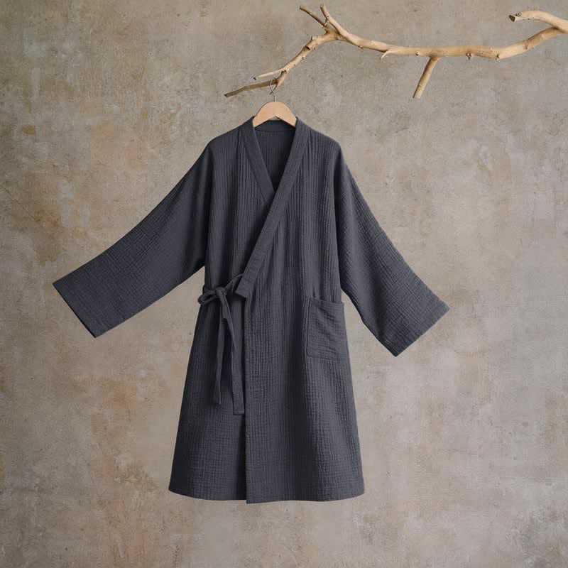 Solid Unisex Cotton Gauze Kimono Robe - Gray - XL - image 14