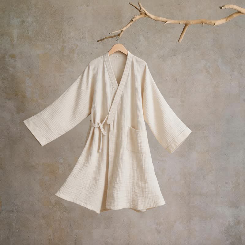 Solid Unisex Cotton Gauze Kimono Robe - Beige - XL - image 7