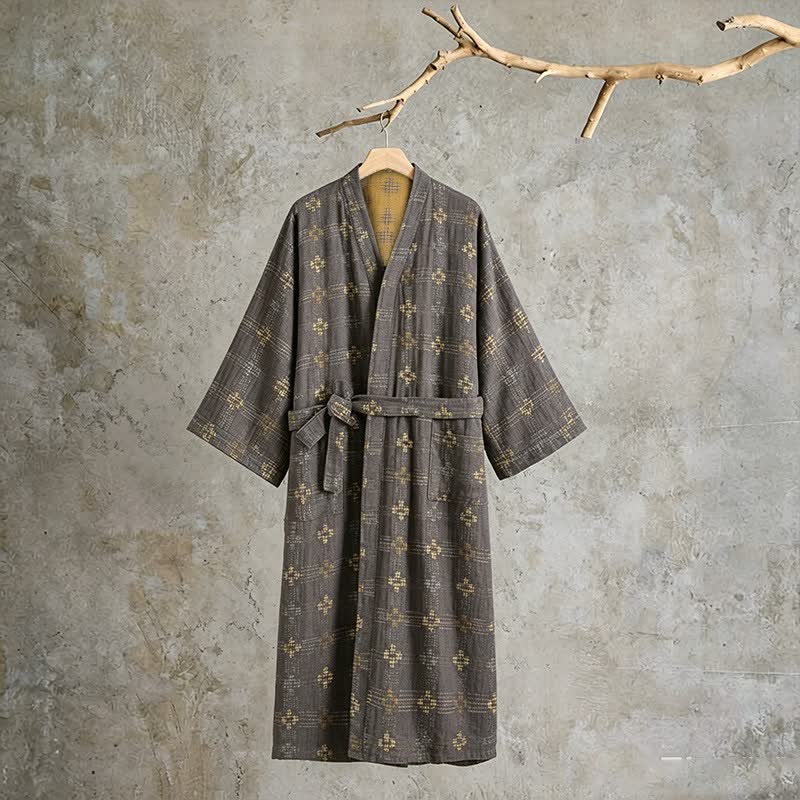 Unisex Geometric Cotton Yukata Robe - Gray - XL - image 0