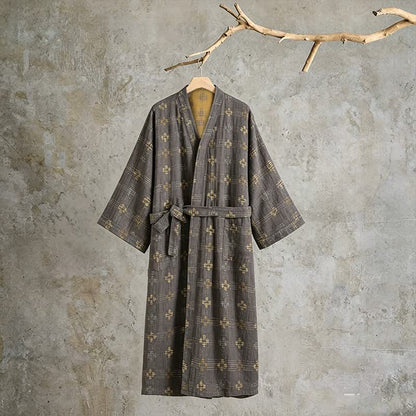 Unisex Geometric Cotton Yukata Robe - Gray - XL - image 0