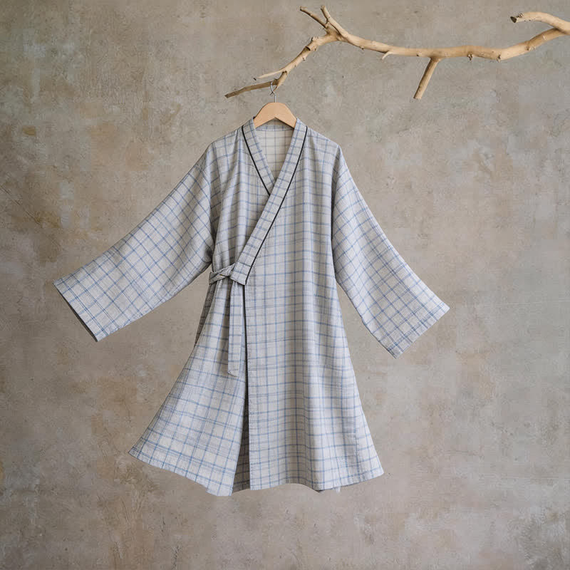 Unisex Grid Cotton Kimono Robe - Gray - L - image 8