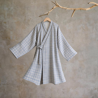 Unisex Grid Cotton Kimono Robe - Gray - L - image 8