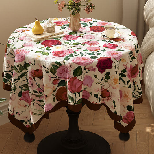 Vintage Rose Pom Trim Tablecloth - Red - 55" x 86" - image 0