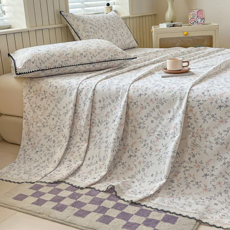 Vintage Floral Cotton Bedspread Set with Contrast Lace Trim - 2PCS Pillowcases - 19" x 29" - image 0