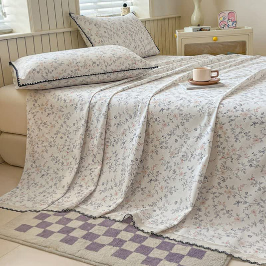 Vintage Floral Cotton Bedspread Set with Contrast Lace Trim - 2PCS Pillowcases - 19" x 29" - image 0