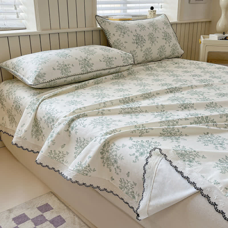 Floral Leaf Cotton Bedspread with Lace Trim - image 2