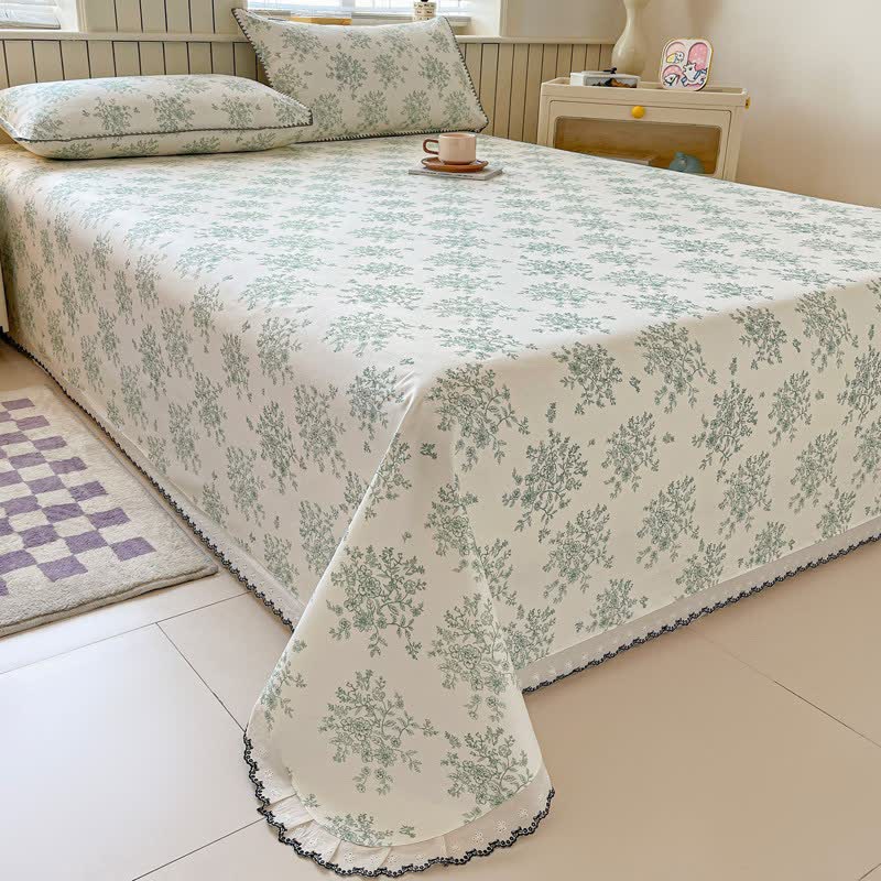 Floral Leaf Cotton Bedspread with Lace Trim - image 1