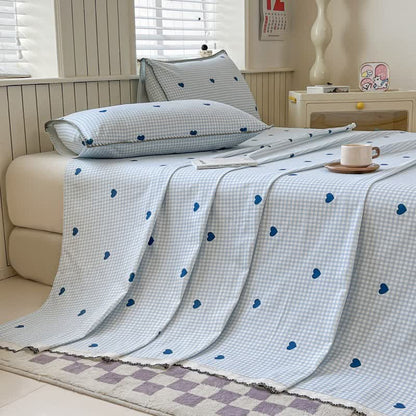 Heart Gingham Cotton Bedspread with Lace Trim - Blue - 2PCS Pillowcases - 19" x 29" - image 0