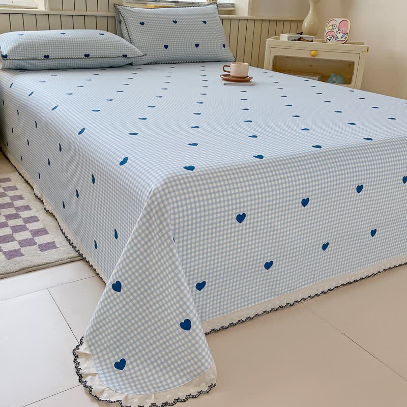 Heart Gingham Cotton Bedspread with Lace Trim - image 1