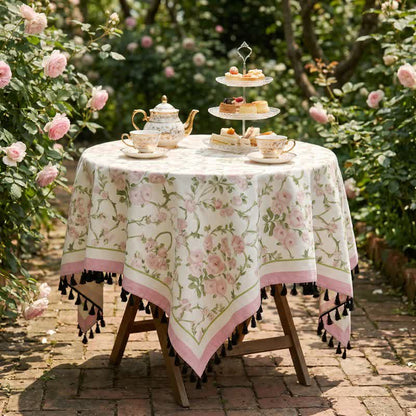 Pink Floral Vine Print Tassel Tablecloth - image 1