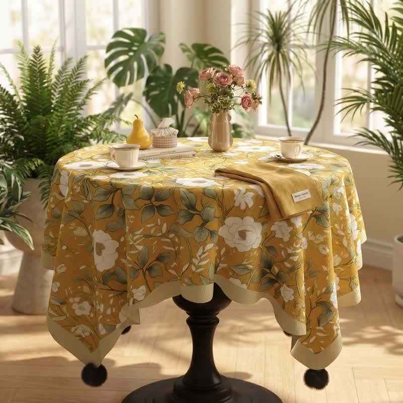 Camellia Floral Pom-Pom Trimmed Tablecloth - image 2