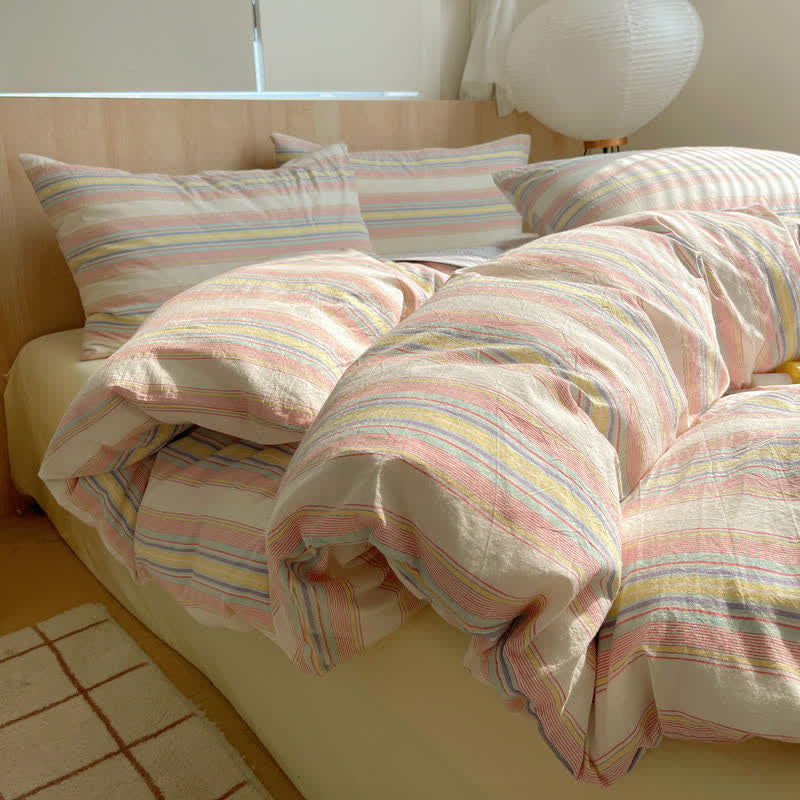 Soft Pastel Multicolor Stripe Cotton Bedding Set - Fresh Pink - King - Bedding Set - image 6