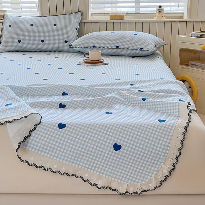 Heart Gingham Cotton Bedspread with Lace Trim - image 3