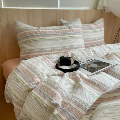 Nordic Multicolor Stripe Washed Cotton Bedding Set - Pink - King - Bedding Set - image 6