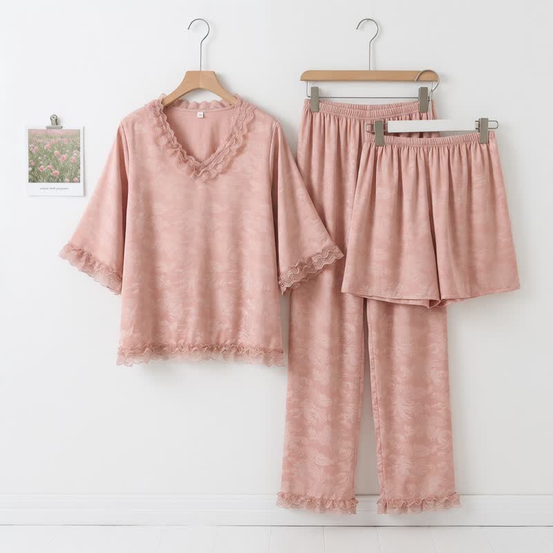 Pink Ruffle Trim Jacquard Pajama Set(3PCS) - Pink - XXL - image 0