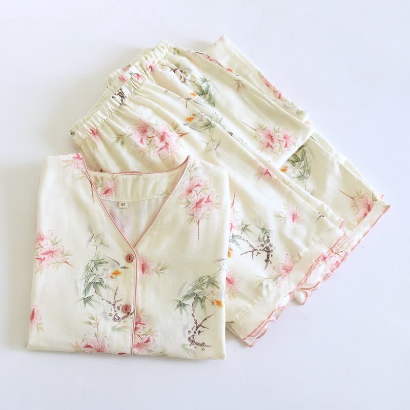 Floral Cotton Short Sleeve Pajama Set(3PCS) - image 1