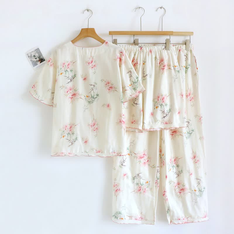 Floral Cotton Short Sleeve Pajama Set(3PCS) - image 2
