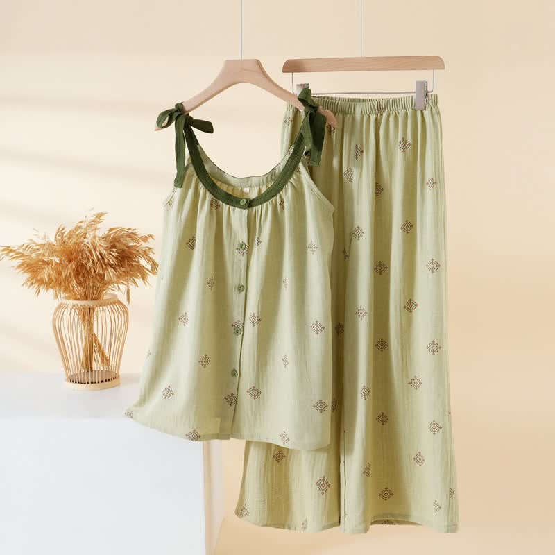 Cotton Gauze Bow Strap Pajama Set - Green - XL - image 8