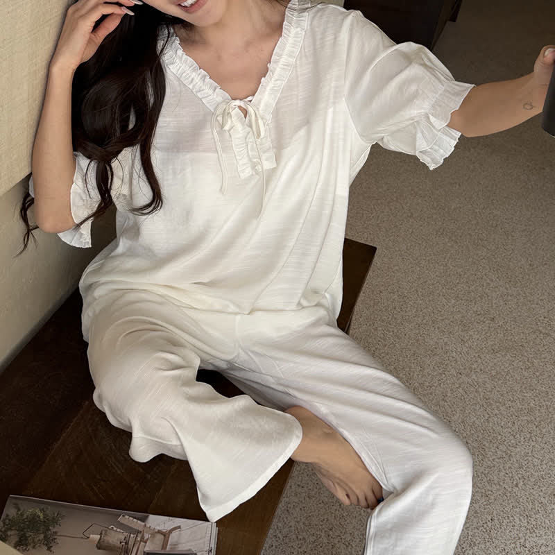Solid Color Padded Ruffle Pajama Set - image 7