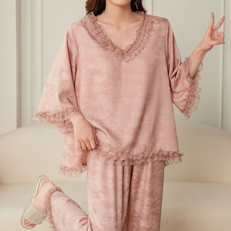 Pink Ruffle Trim Jacquard Pajama Set(3PCS) - image 5