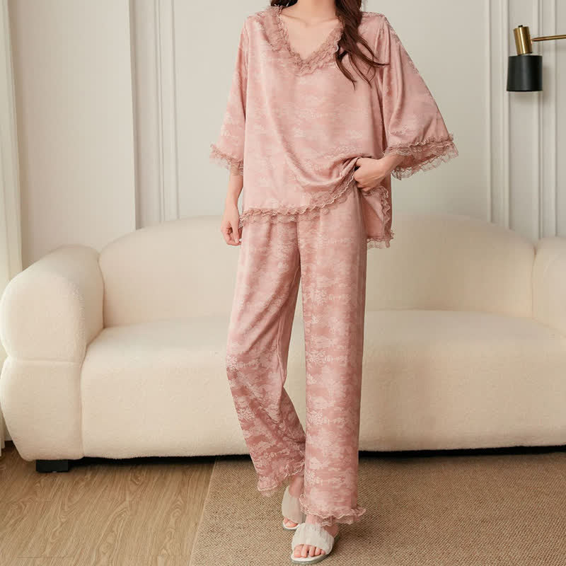 Pink Ruffle Trim Jacquard Pajama Set(3PCS) - image 8