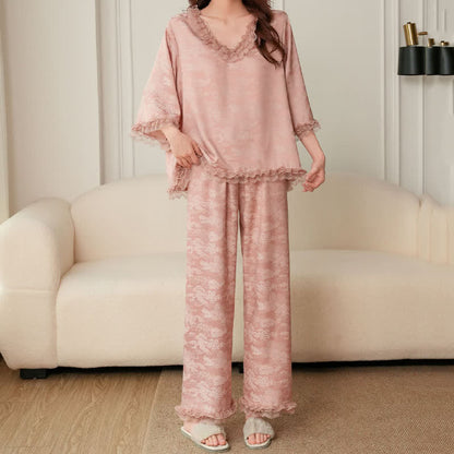 Pink Ruffle Trim Jacquard Pajama Set(3PCS) - image 6