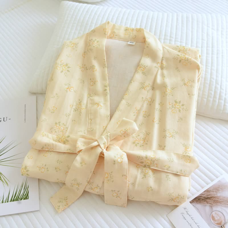Yellow Botanical Cotton Gauze Kimono Robe - image 2