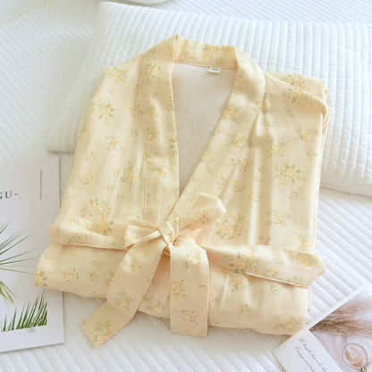 Yellow Botanical Cotton Gauze Kimono Robe - image 2