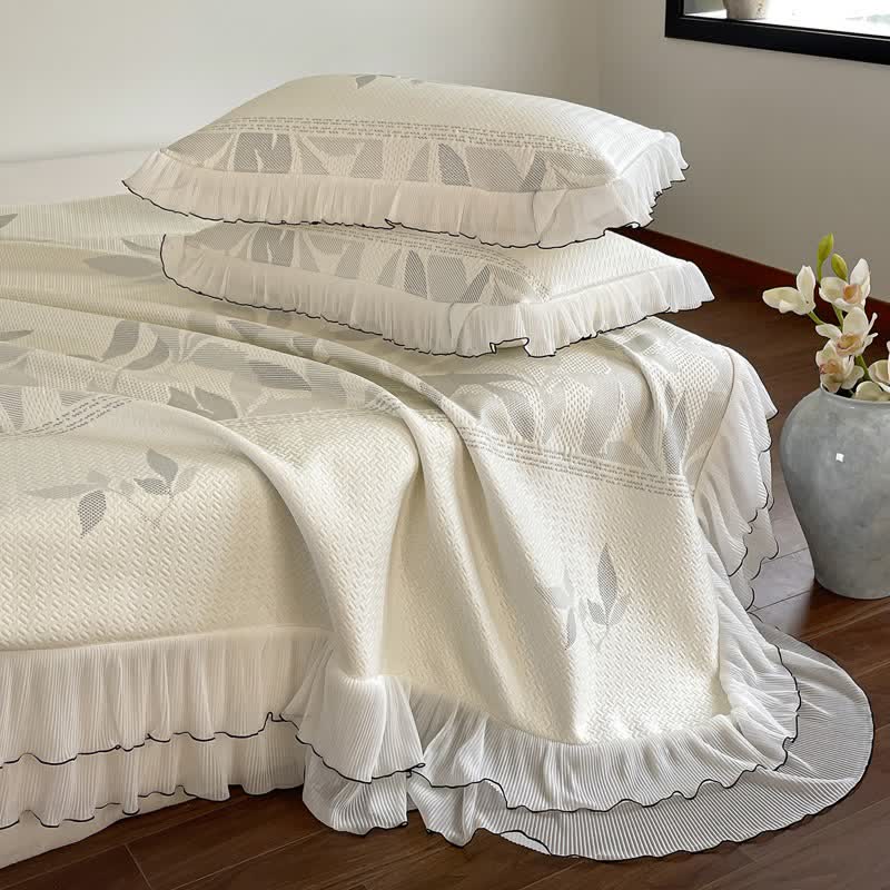 Ruffled Gray Leaf Jacquard Bedspread Set - image 1