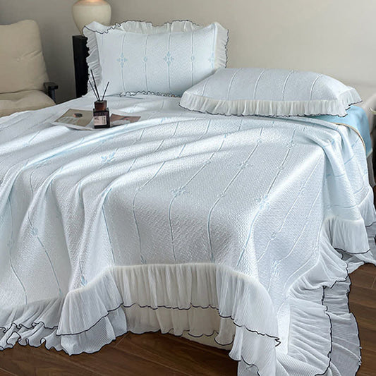 Ruffled Vertical Floral Bedspread Set - Light Blue - Queen - image 0