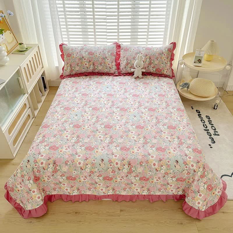 Ruffled Pink Floral Twill Cotton Coverlet - image 1