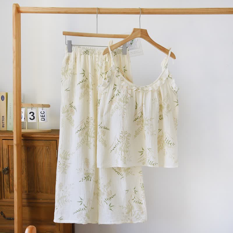 Ruffled Botanical Leaf Cotton Cami Pajamas - Beige - XL - image 0