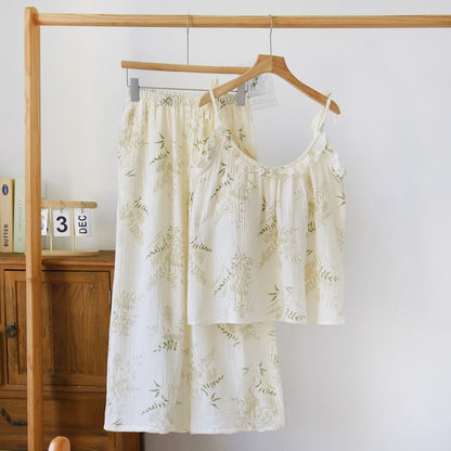 Ruffled Botanical Leaf Cotton Cami Pajamas - Beige - XL - image 0
