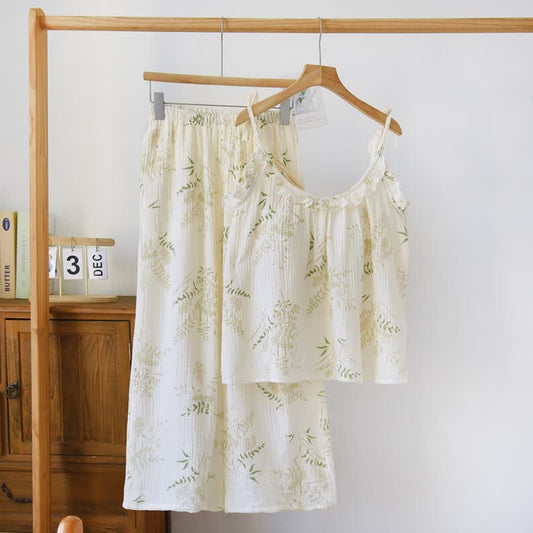Ruffled Botanical Leaf Cotton Cami Pajamas - Beige - XL - image 0