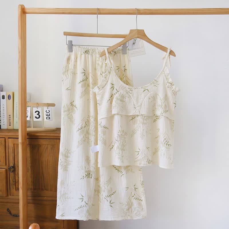 Ruffled Botanical Leaf Cotton Cami Pajamas - image 1