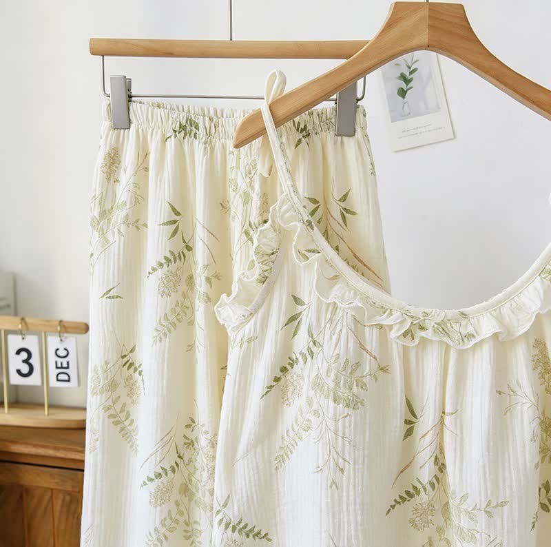 Ruffled Botanical Leaf Cotton Cami Pajamas - image 2
