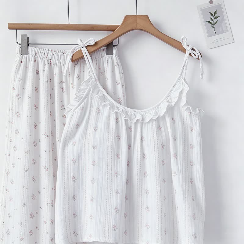 Ruffled Striped Floral Cotton Cami Pajamas - image 2
