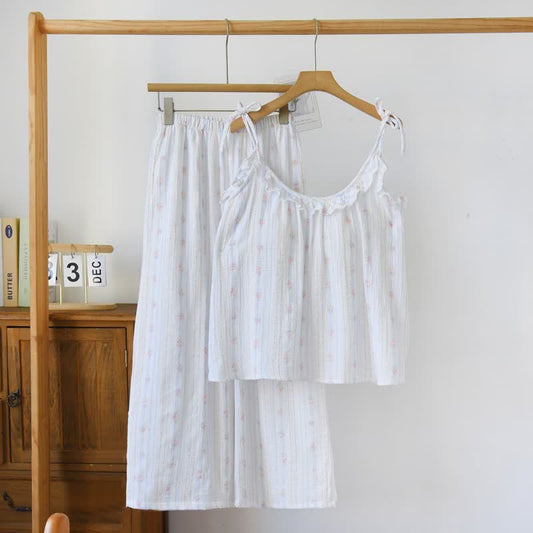Ruffled Striped Floral Cotton Cami Pajamas - Blue - XL - image 0