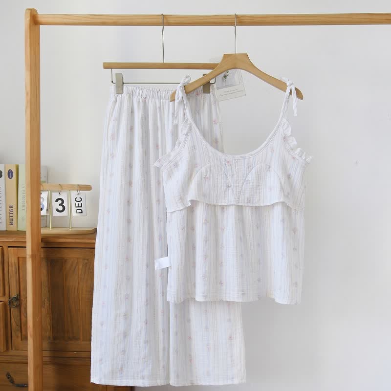 Ruffled Striped Floral Cotton Cami Pajamas - image 1