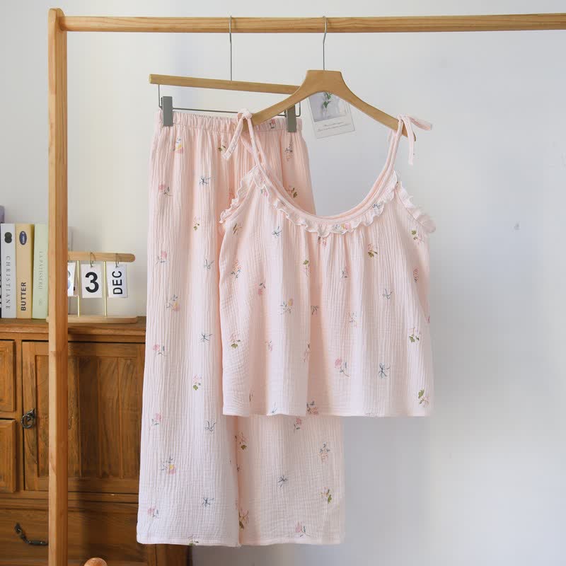 Ruffled Ditsy Floral Cotton Cami Pajamas - Pink - XL - image 0