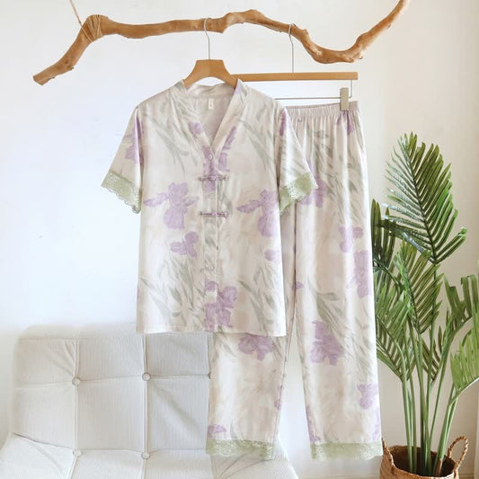 Floral Mandarin Collar Women's Loungewear Set - Beige - 3XL - image 0