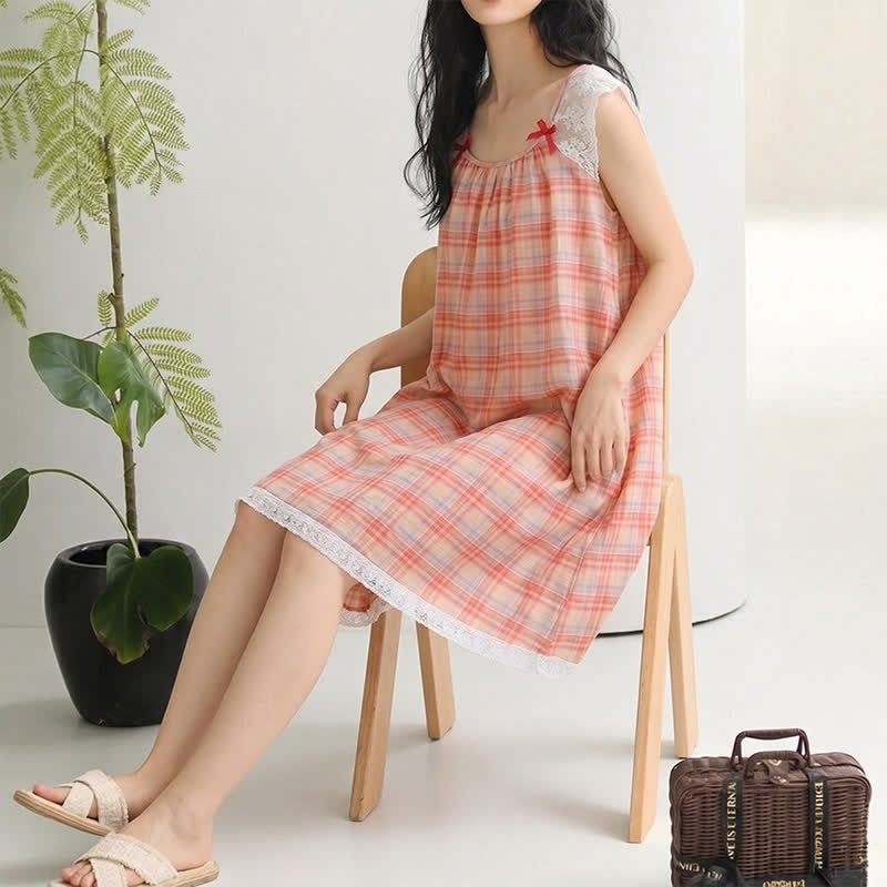 Rainbow Plaid Double Gauze Lace Trim NightDress - image 2