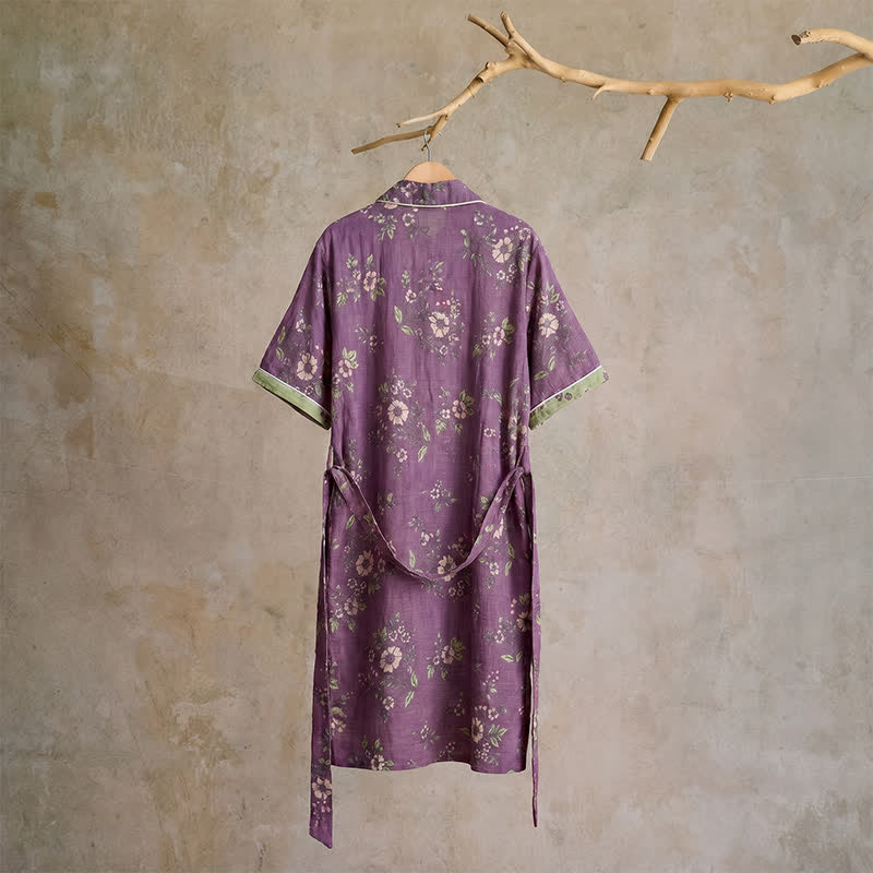 Cotton Vintage Purple Floral Kimono Robe - image 2