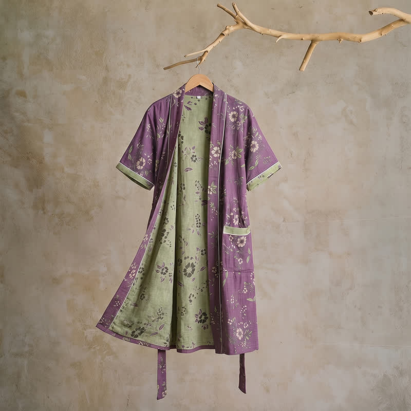 Cotton Vintage Purple Floral Kimono Robe - XL - image 0